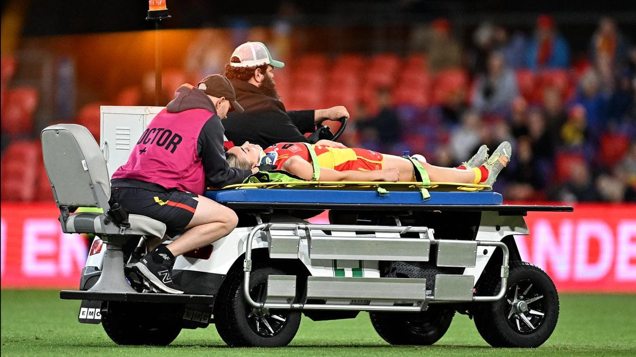 Suns' Elise Barwick was stretchered off against GWS.