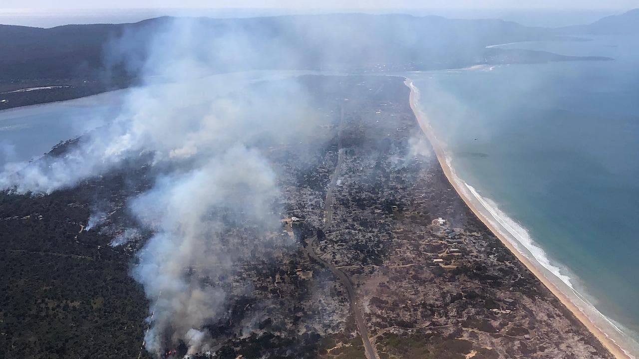 A bushfire burns at Dolphin Sands in Tasmania.