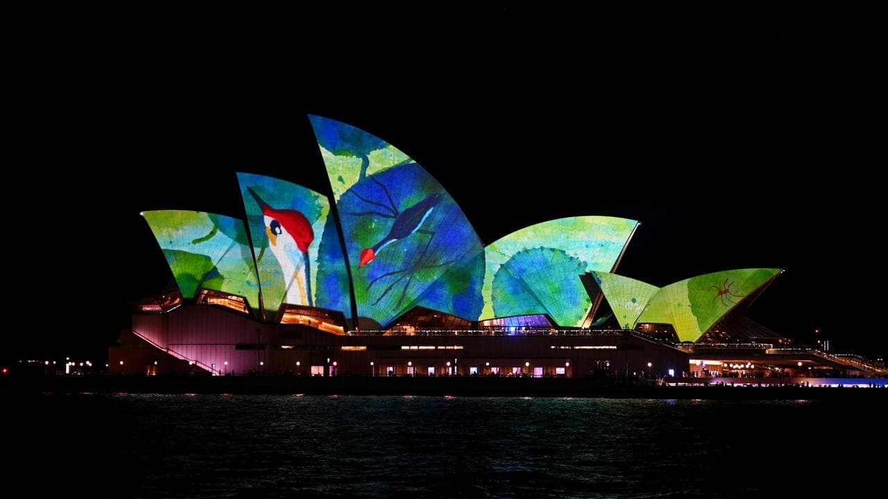 The sails of the Opera House are lit up during Vivid Sydney 2023.