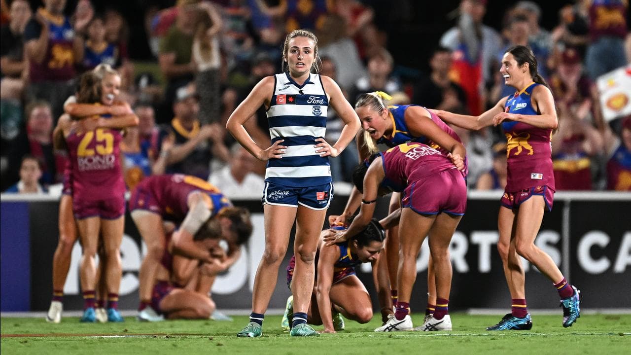 Brisbane players celebrate their AFLW preliminary final win.