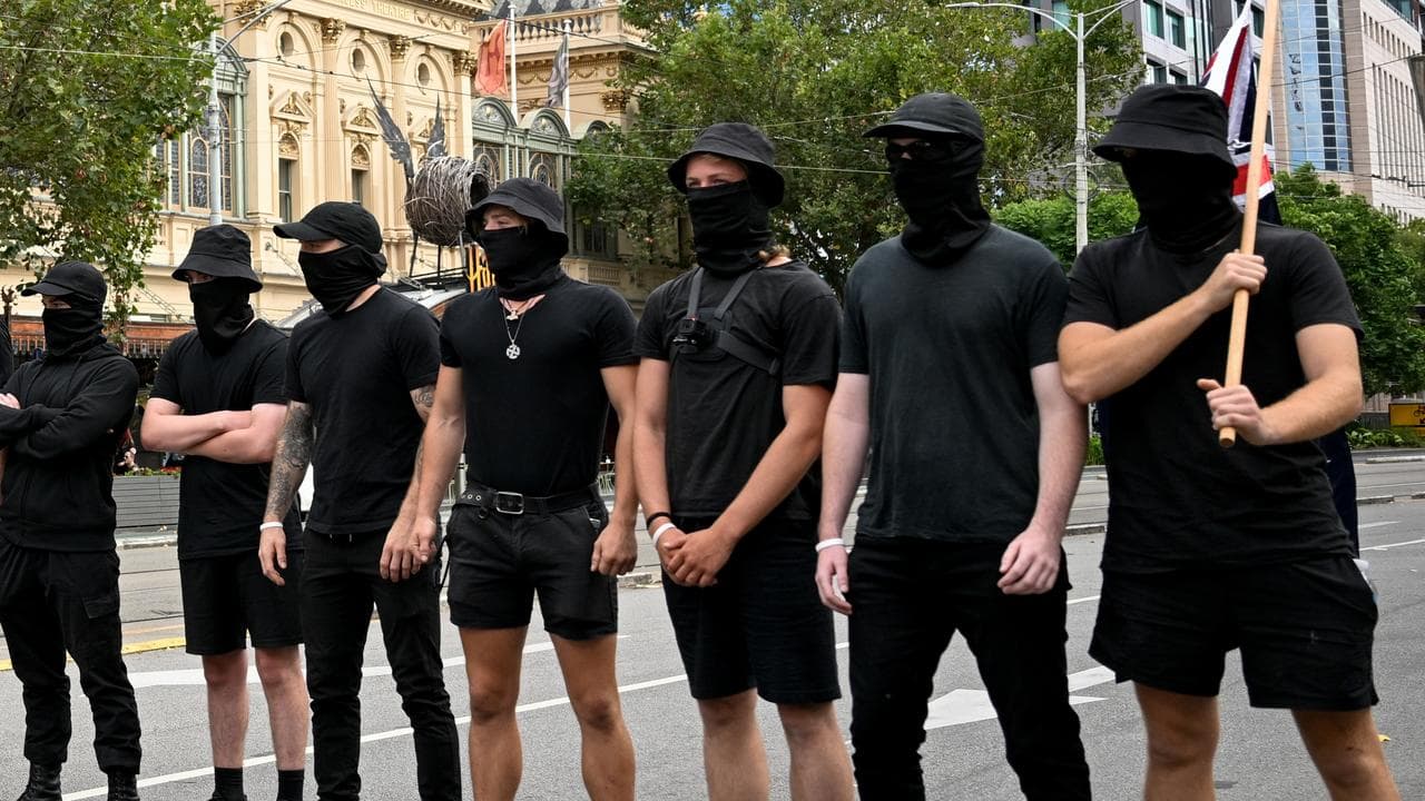 Neo-Nazi protesters at a rally in Melbourne in March 2023.