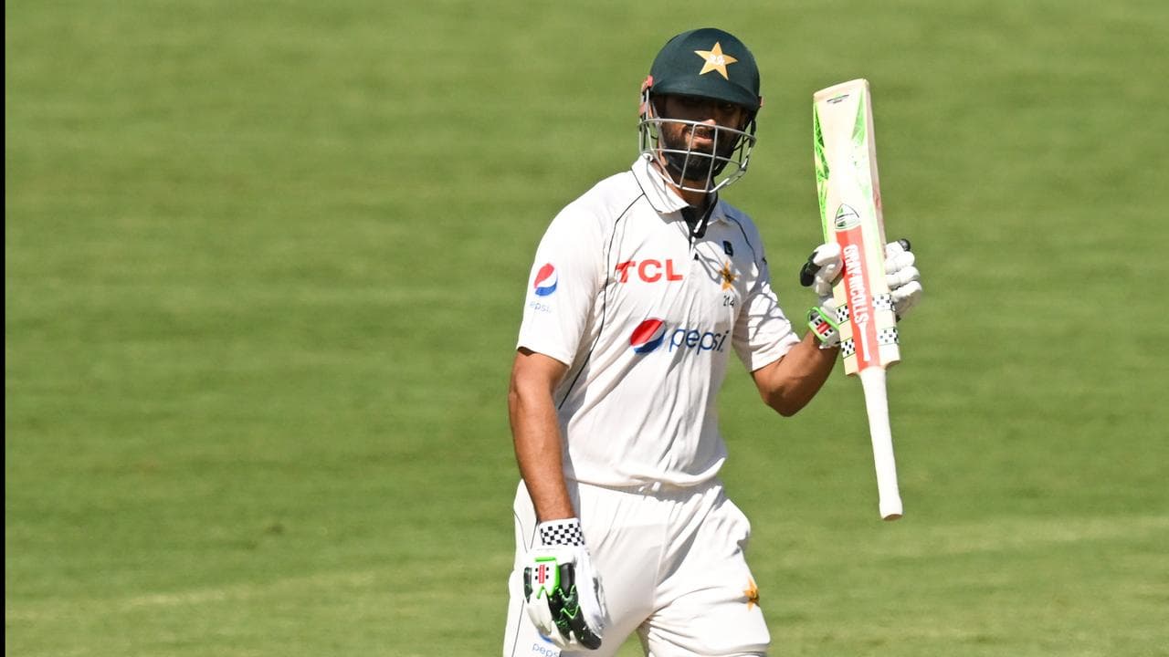 Pakistan skipper Shan Masood celebrates his double-century.