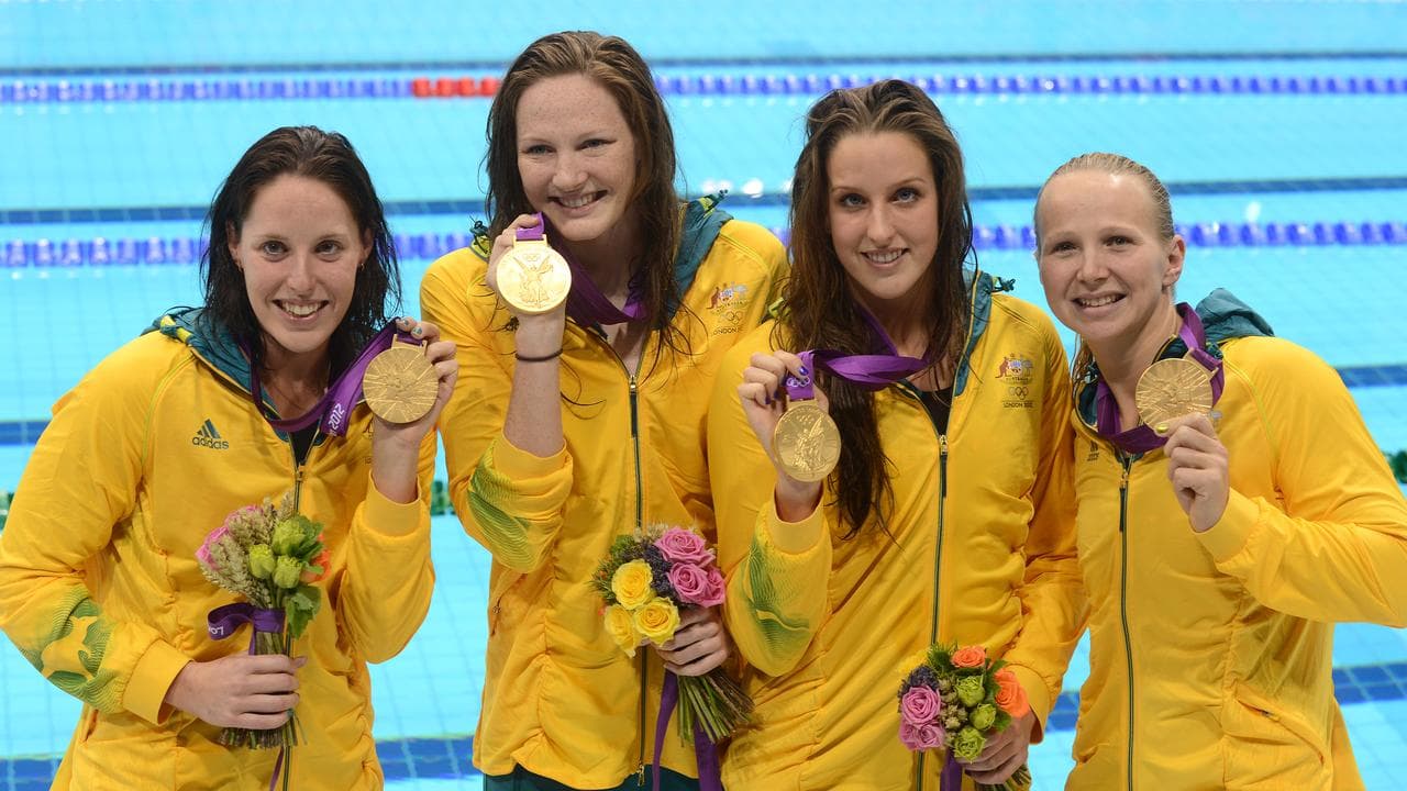 Cate Campbell with her 4x100m freestyle gold medal at London 2012.