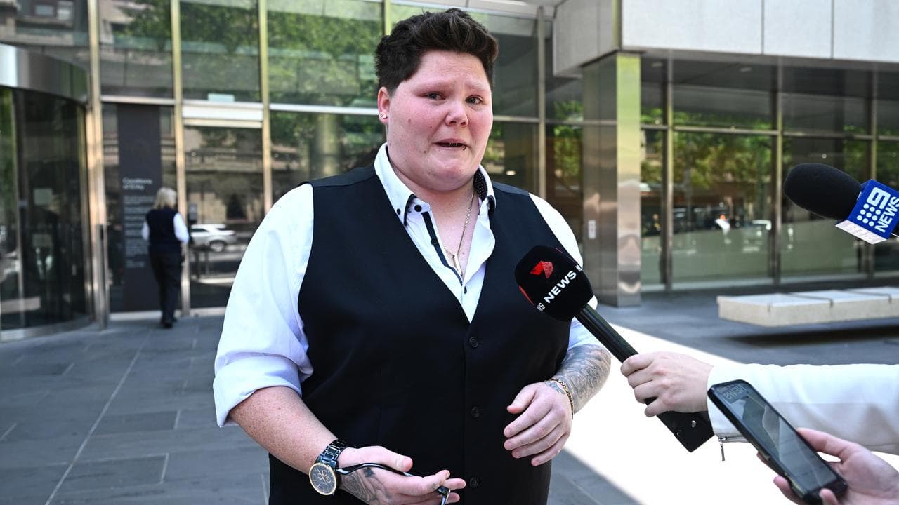 Taylah Modrich speaks to media outside the County Court of Victoria