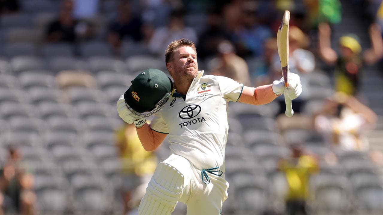 David Warner celebrates his century against Pakistan.