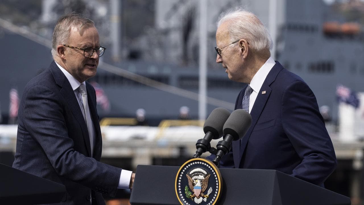 Mr Albanese and US President Joe Biden announcing the AUKUS deal.