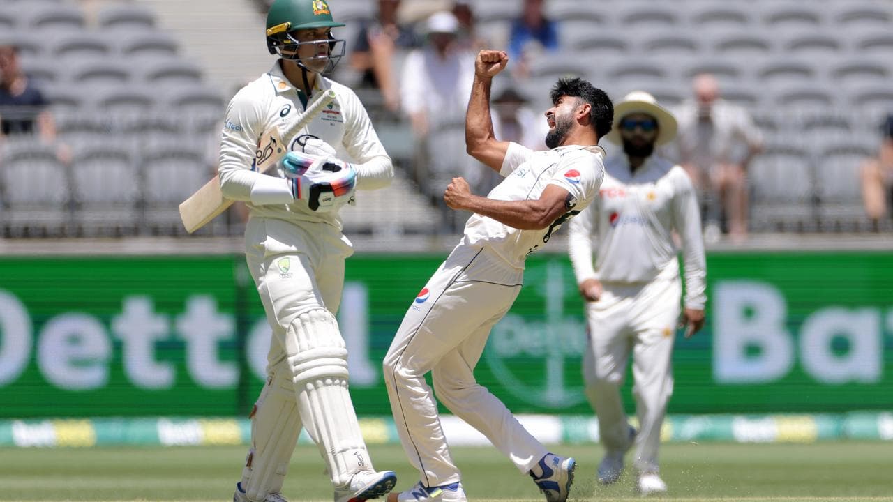 Alex Carey (left) is dismissed by Pakistan paceman Aamir Jama.