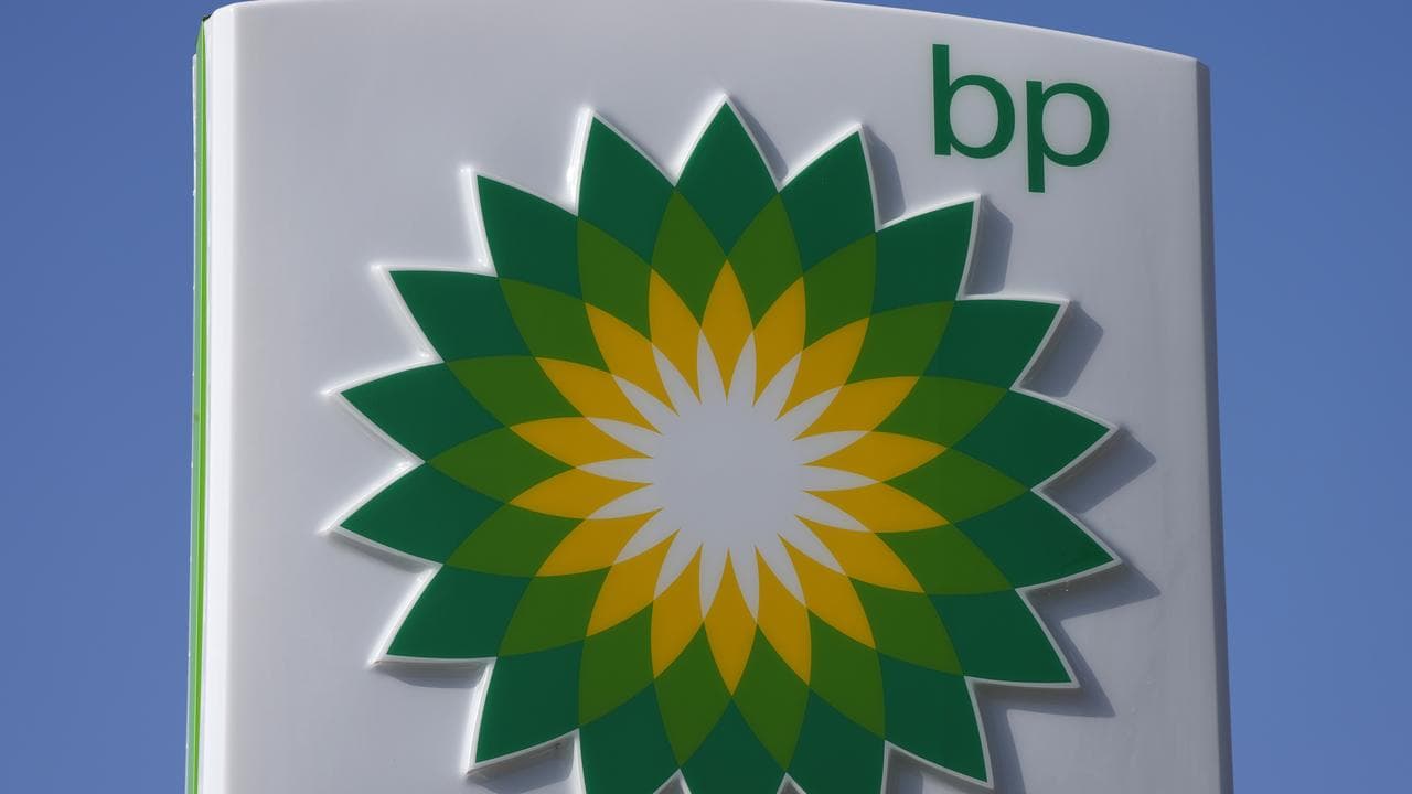 A BP logo is seen at a petrol station in London