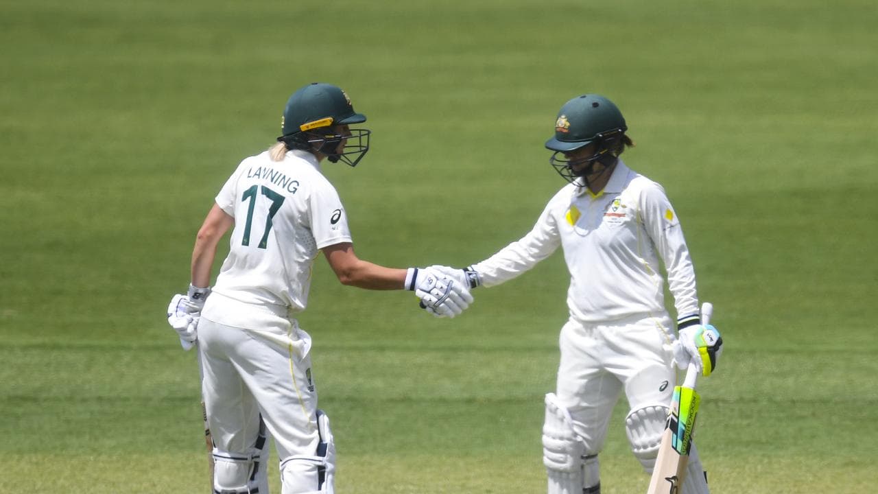 Meg Lanning and Rachael Haynes shake hands while batting together.