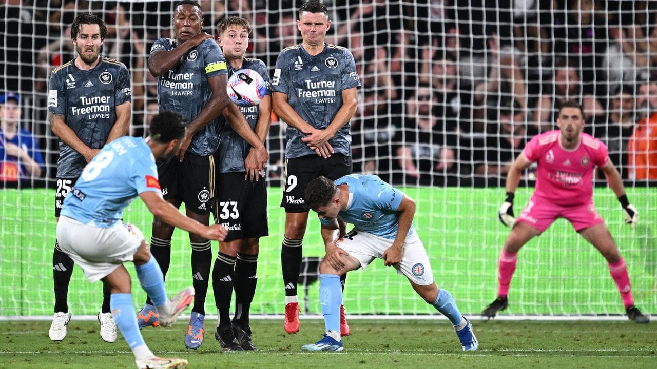 Melbourne City take a free-kick against Western Sydney Wanderers.