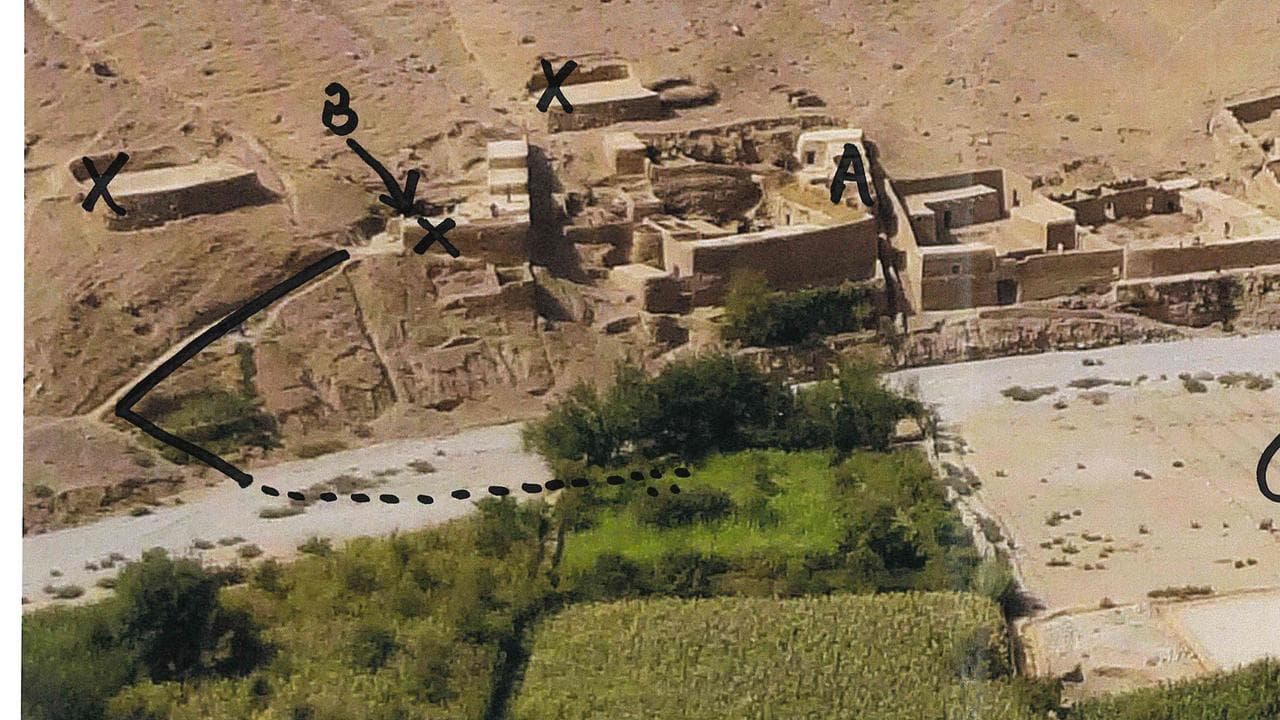 B arrow points to cliff at Darwan and dots lead to corn field (file)