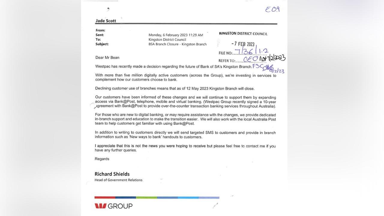 Image of an email sent from Westpac to Kingston District Council