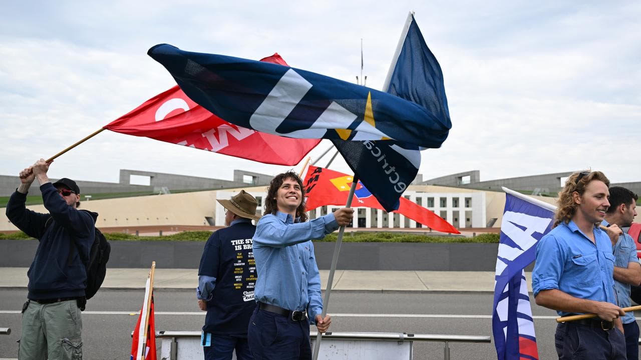Electricians protesting outside Parliament House