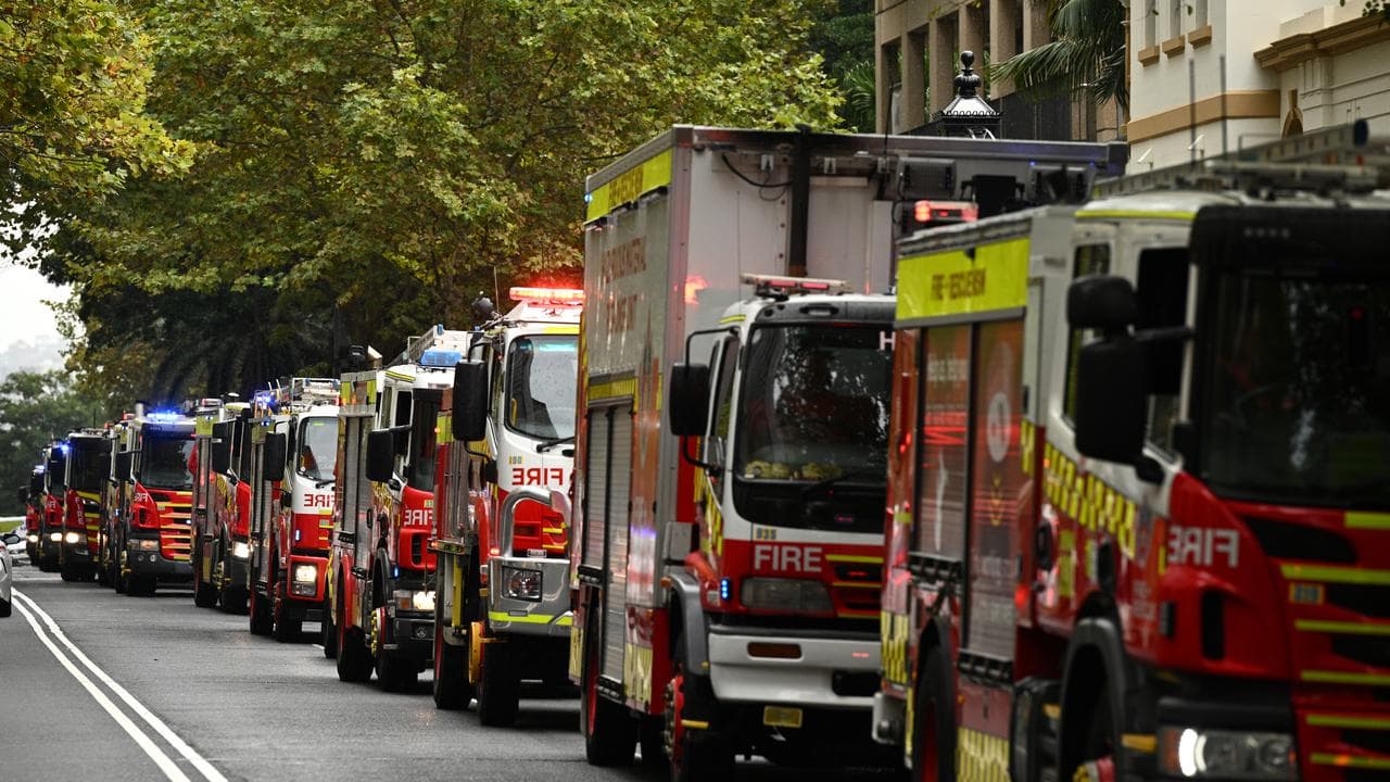Fire and Rescue NSW trucks outside state parliament.