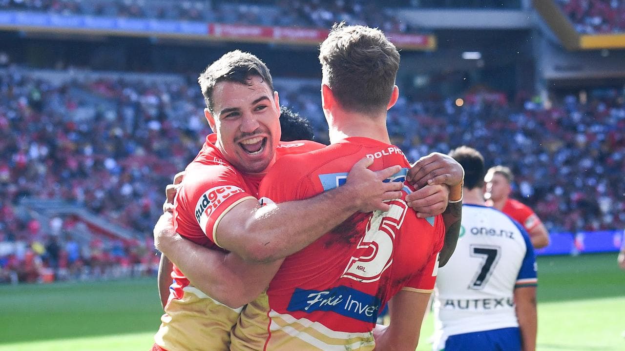 Sean O'Sullivan embraces Jack Bostock after a try.