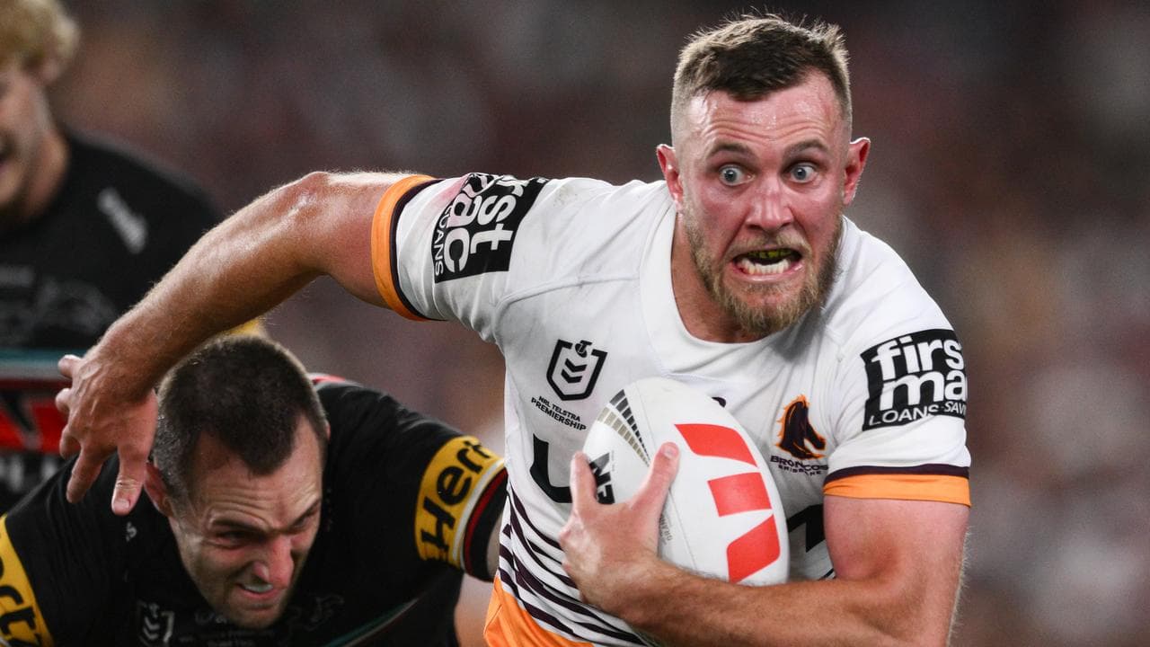 Kurt Capewell runs with the ball for Brisbane in the 2023 grand final.