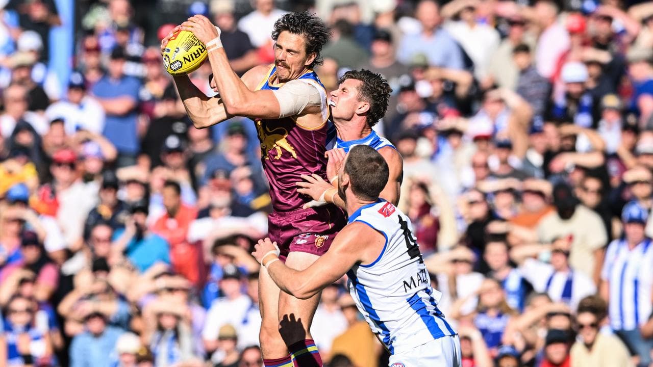 Joe Daniher marks the ball for the Brisbane Lions. 