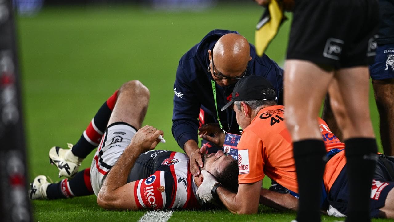 James Tedesco is concussed against Canterbury.