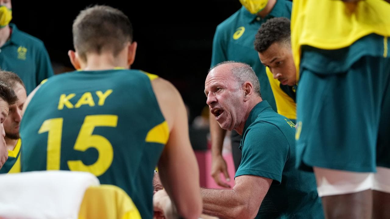 Brian Goorjian addresses his team at Tokyo Olympics.