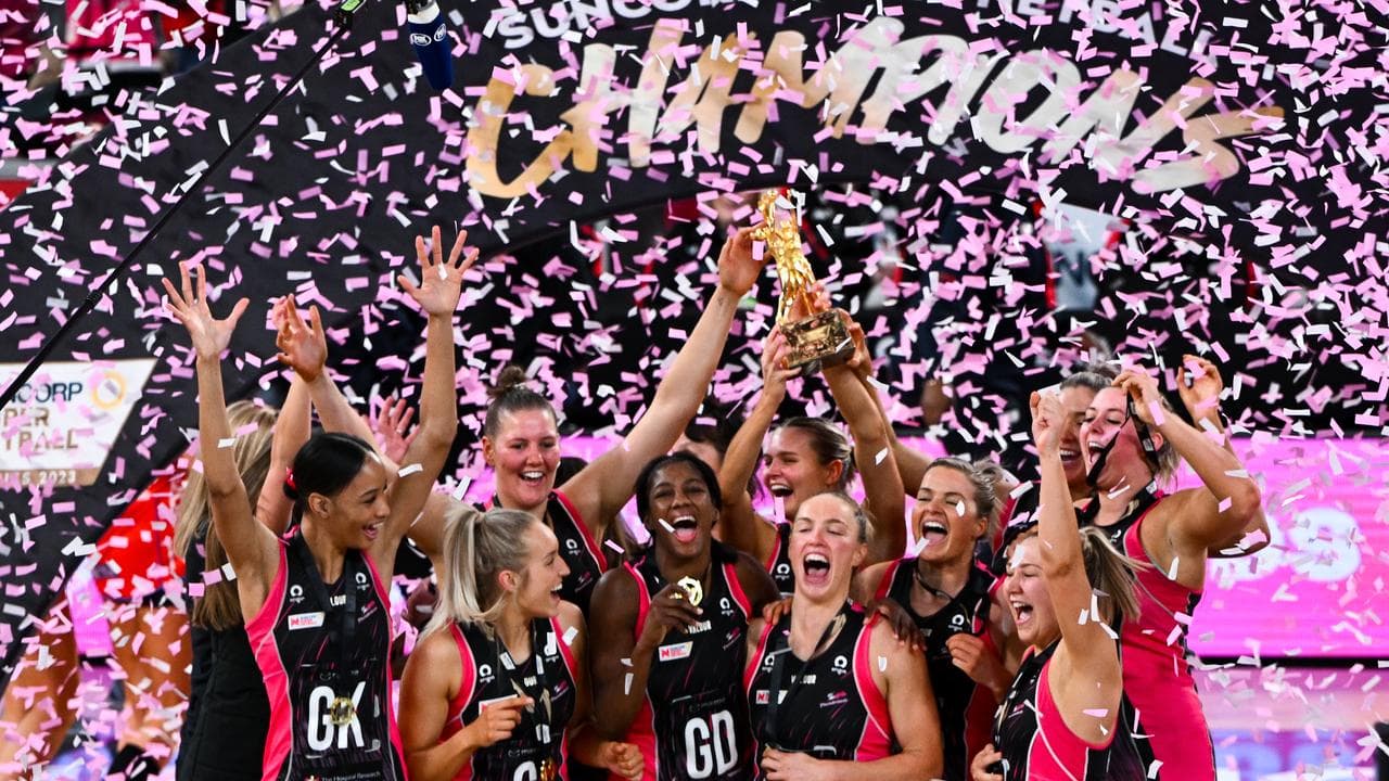 Adelaide celebrate winning the 2023 Super Netball grand final. 