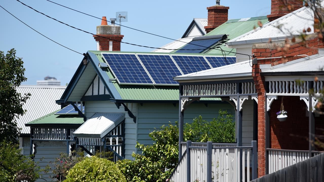 Solar panels on a rooftop in Melbourne.