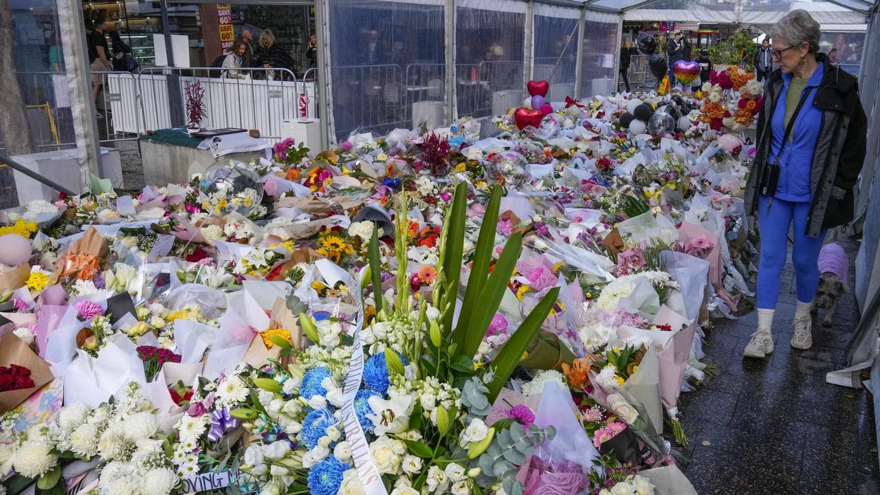 Floral tributes to the victims of the Bondi Junction stabbings.
