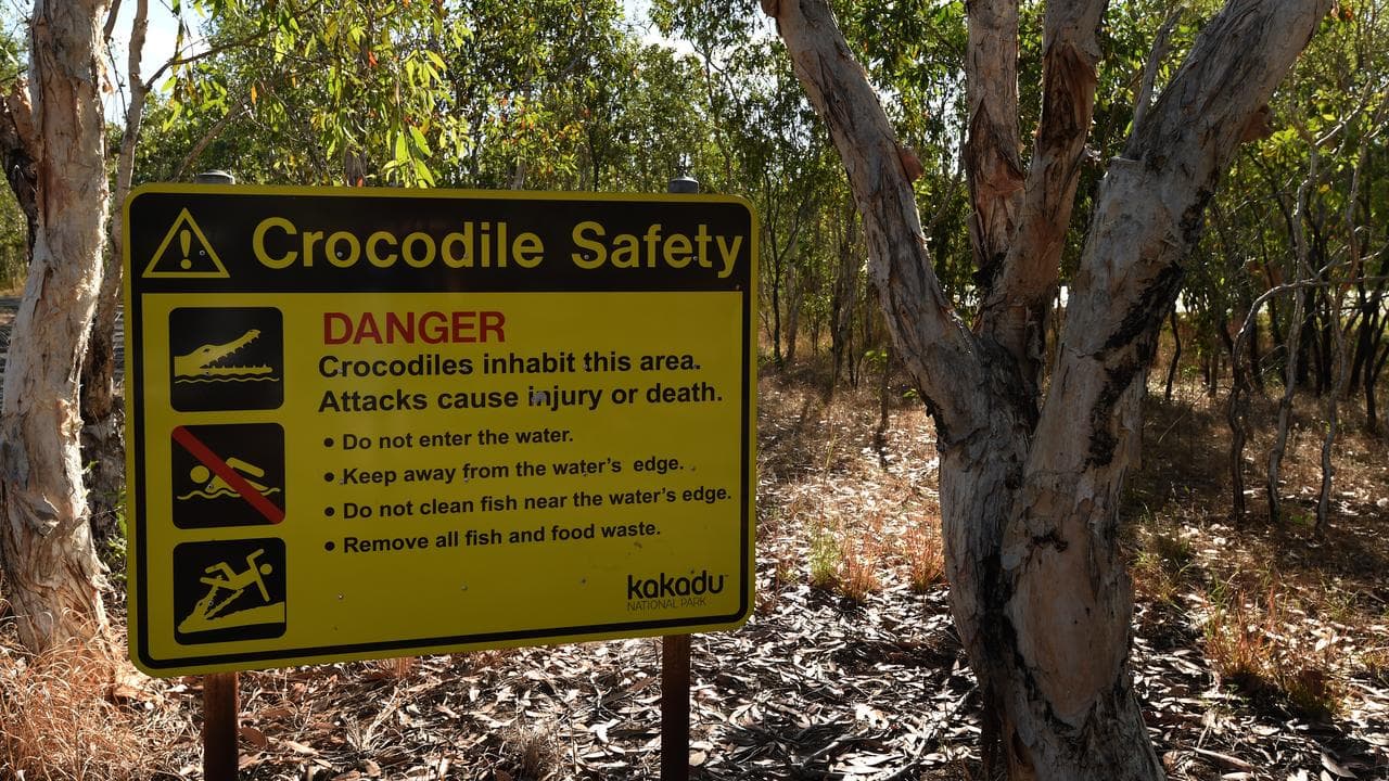 A crocodile safety sign at Anbangbang Billabong near Nourlangie Rock
