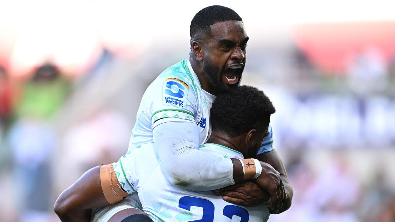 Kemu Valetini celebrates for the Fijian Drua.