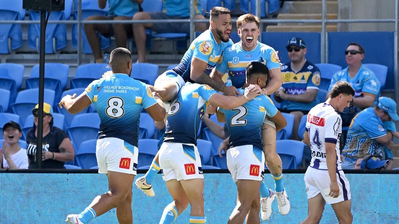 Celebrating Titans players.