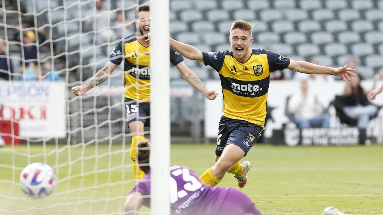 Central Coast's Max Balard celebrates a goal.