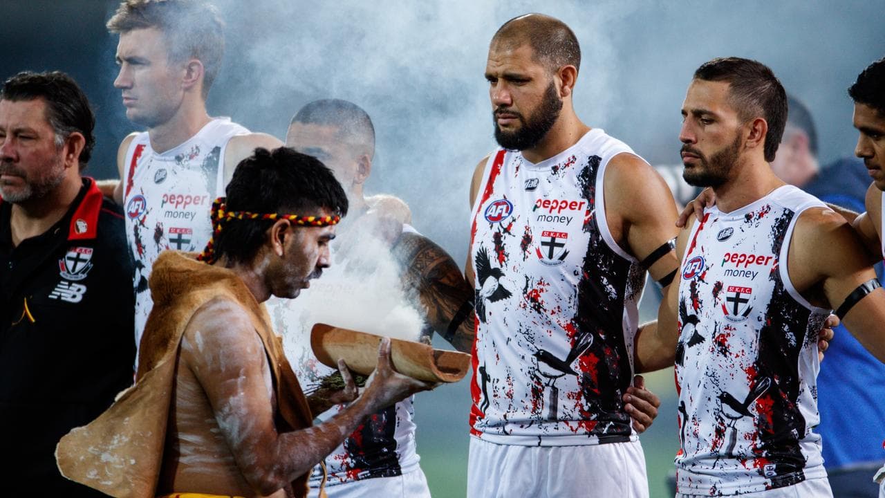 St Kilda players during the 2022 Sir Doug Nicholls Round.