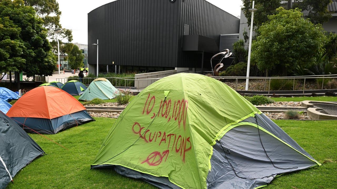 Tents at the Pro Palestine encampment at the Deakin University