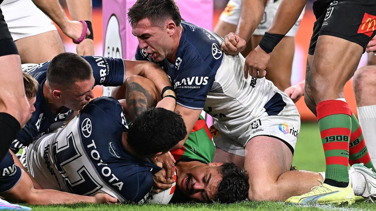 Latrell Mitchell of the Rabbitohs scores a try.