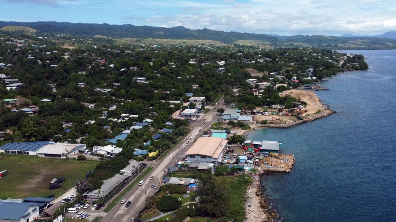 An aerial view of central Honiara looking west, Solomon Islands.
