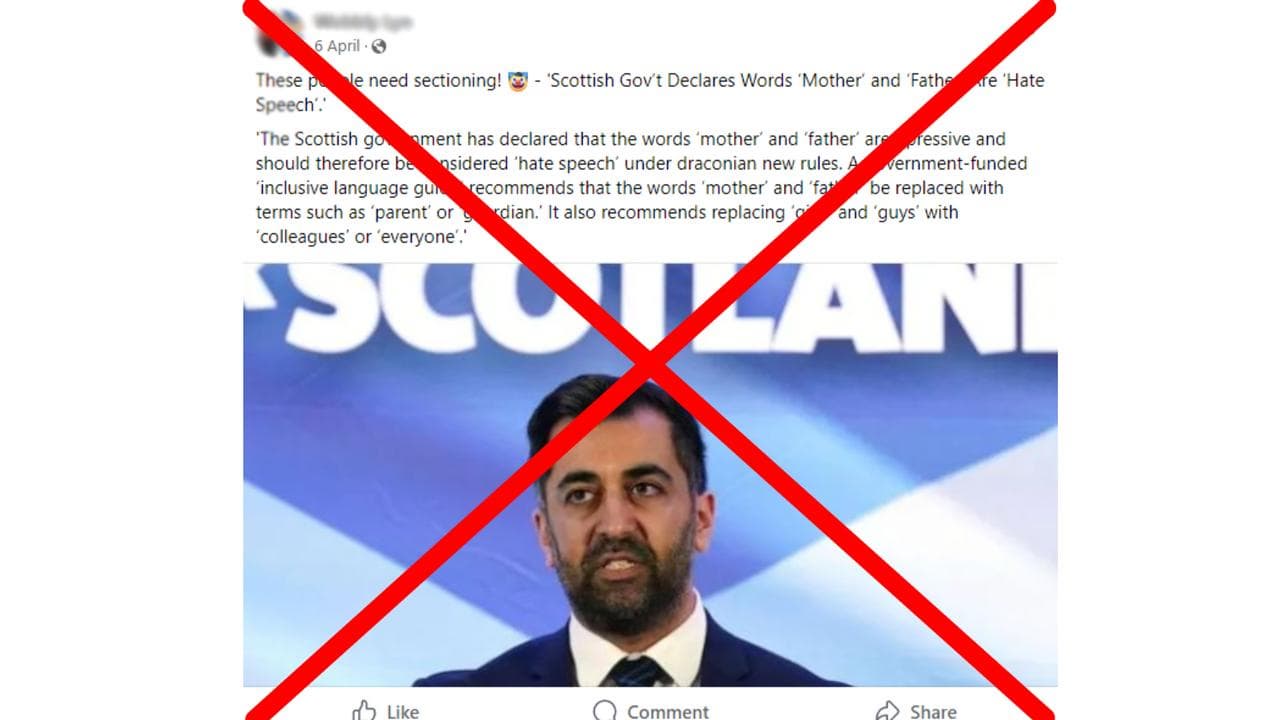 Crossed out Facebook claim on Mother and Father being hate speech.