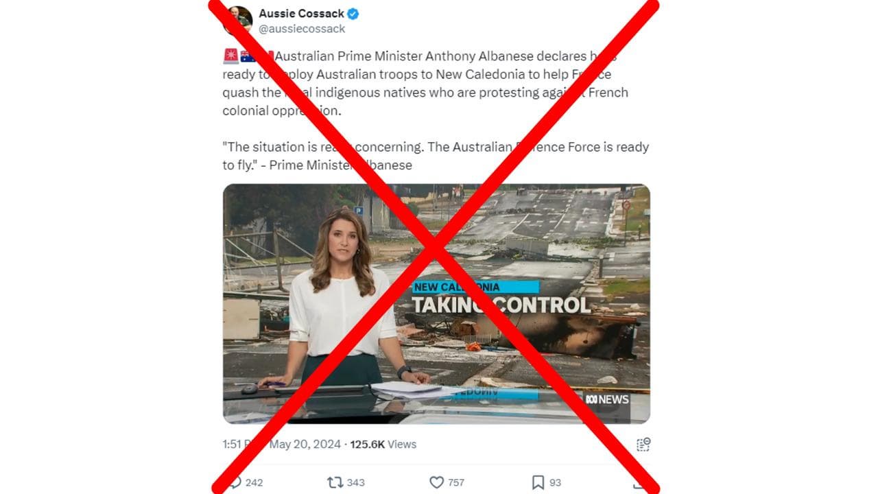 Crossed out Facebook post says Australian troops off to New Caledonia.