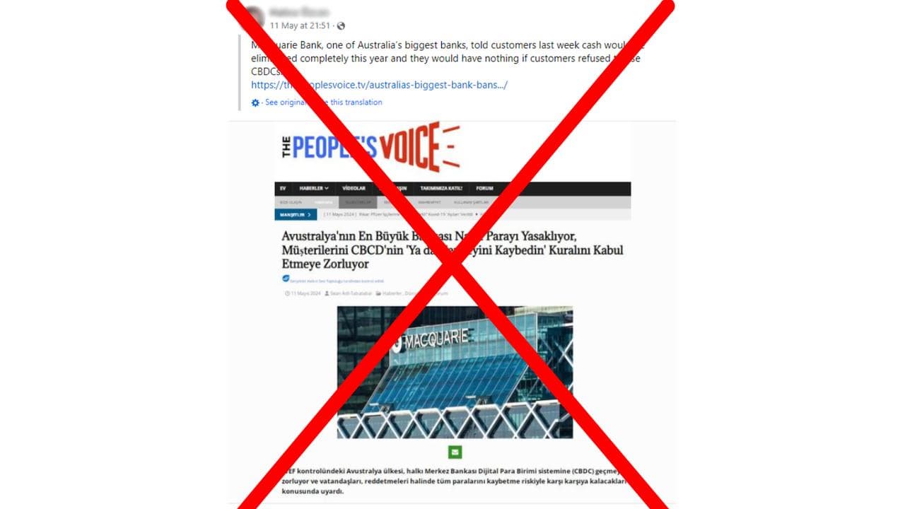 Crossed out Facebook post about Macquarie Bank going cashless and CBDC