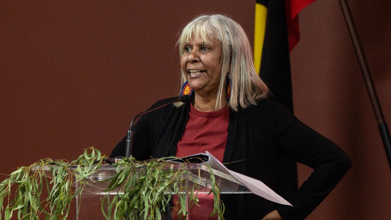 Aunty Eva Jo Edwards speaks during a Victoria Police apology