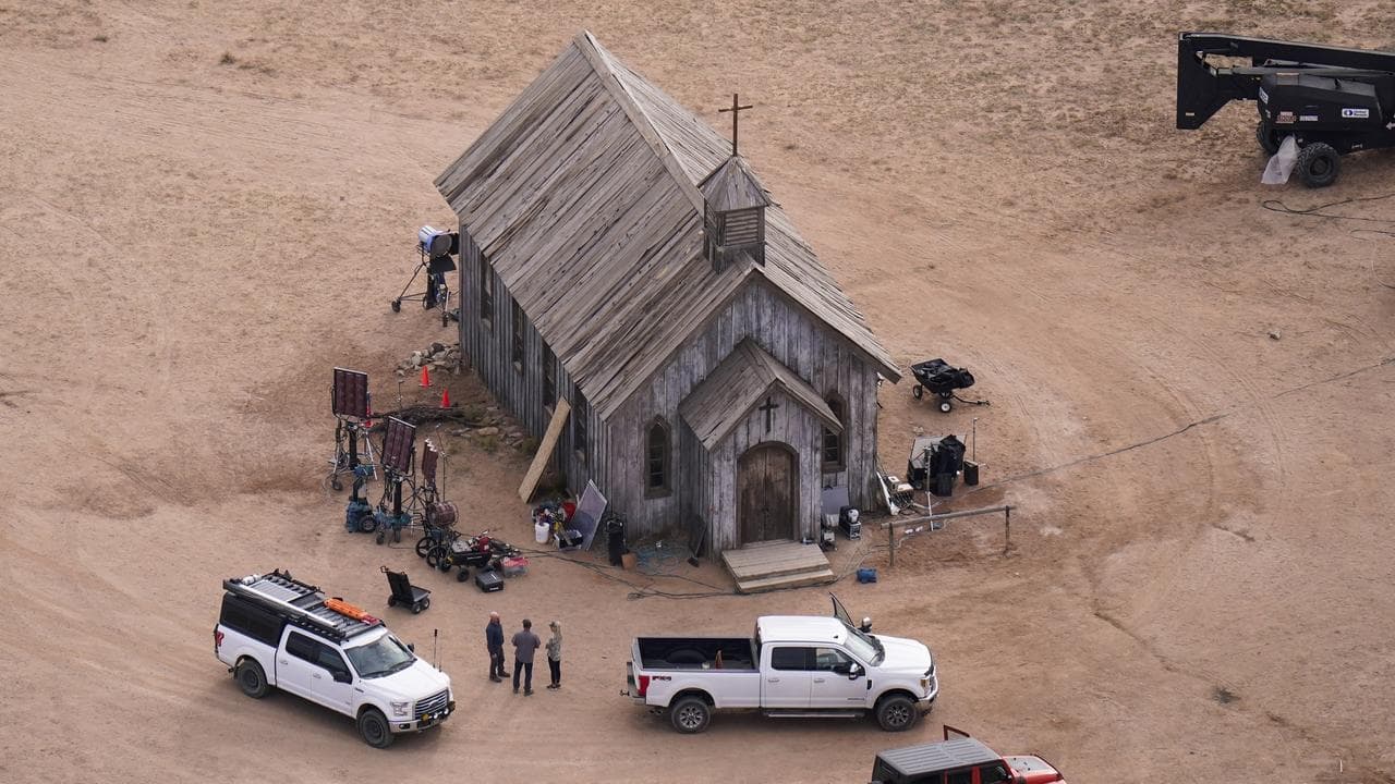 Aerial photo of the movie set fior Rust in Santa Fe