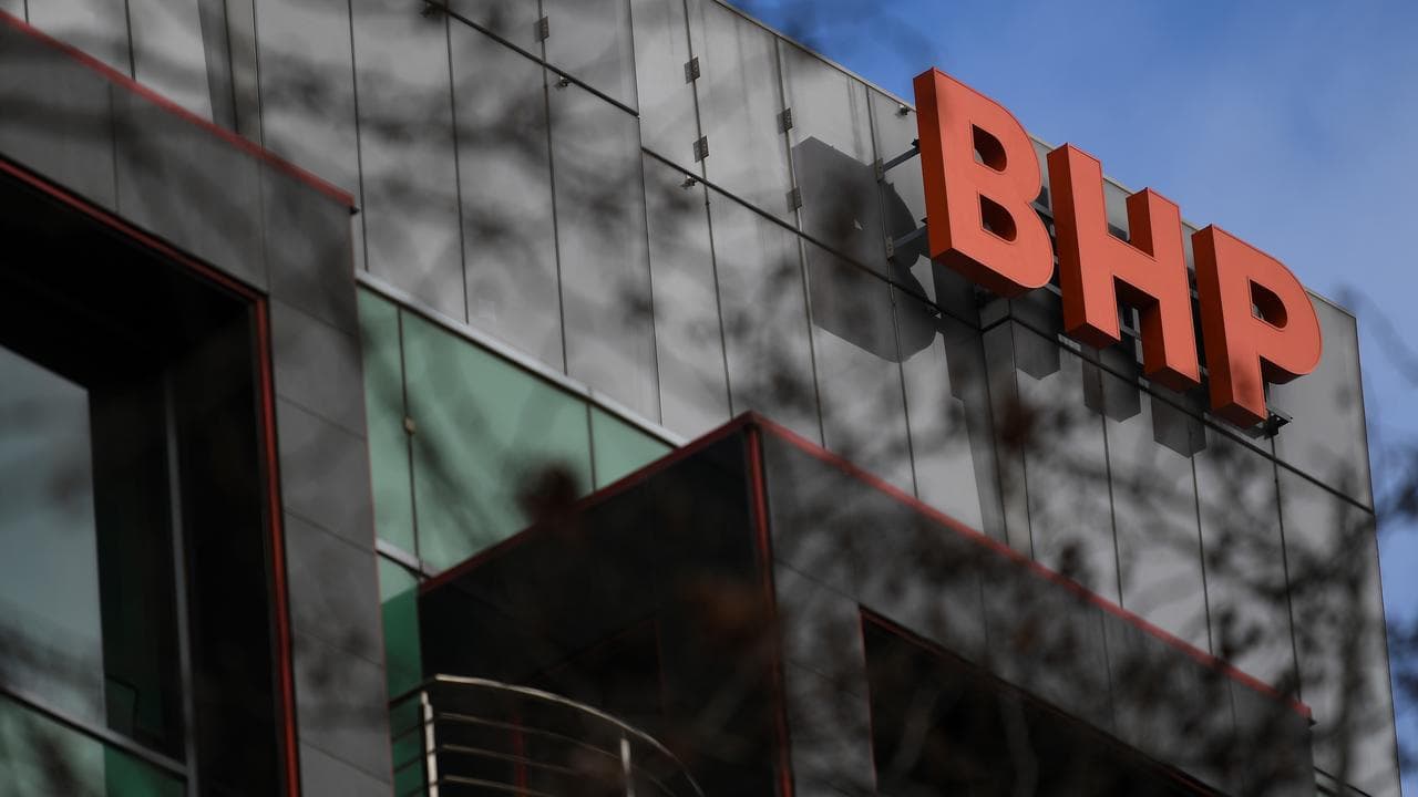 The BHP sign on a building.