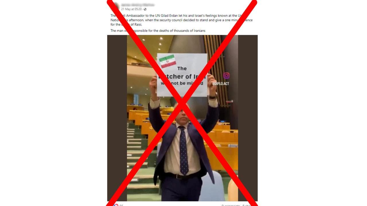 Crossed out Facebook post featuring fake UN protest by Gilad Erdan