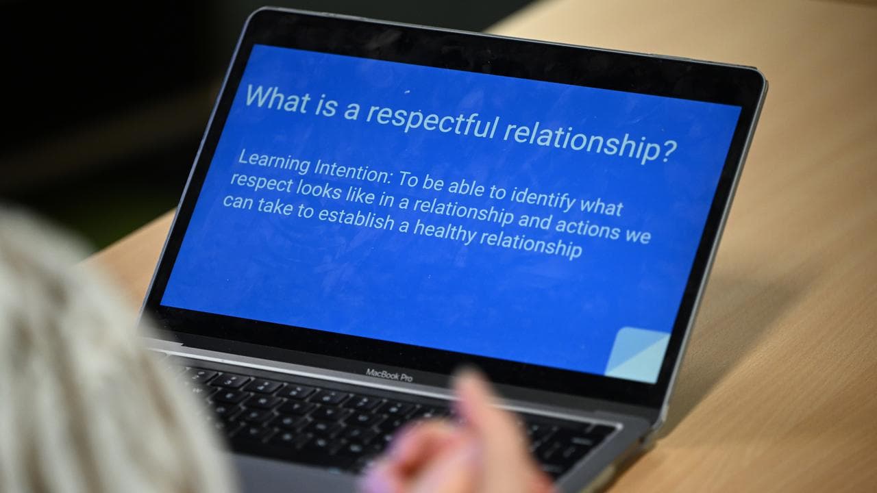 Screen showing school program on respectful relationships