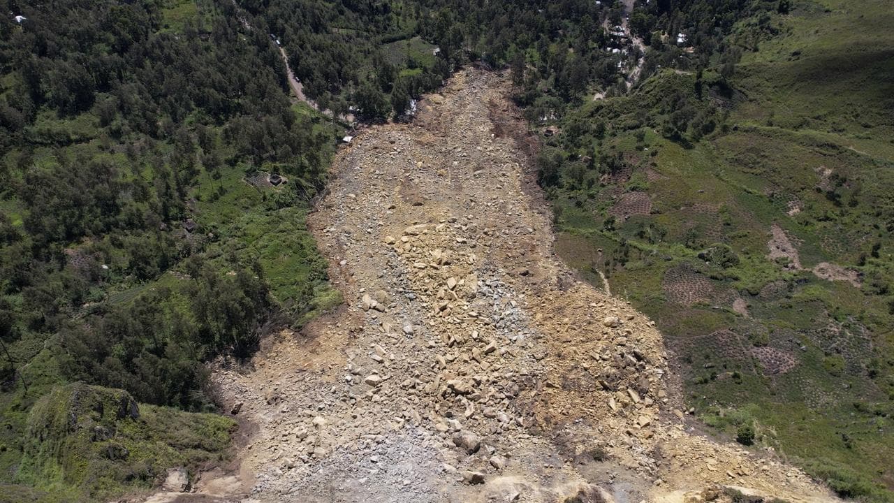 Drone footage shows a landslide in Yambali village, Papua New Guinea
