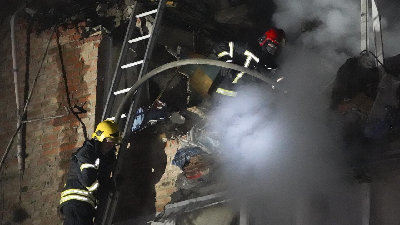 An apartment building damaged in a Russian missile attack in Kharkiv