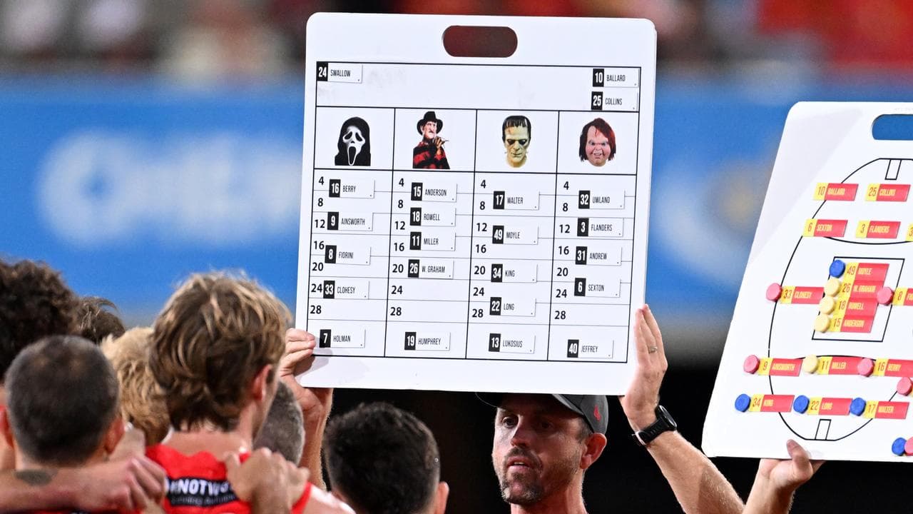 A Suns staffer shows a tactics board bearing horror film stars.