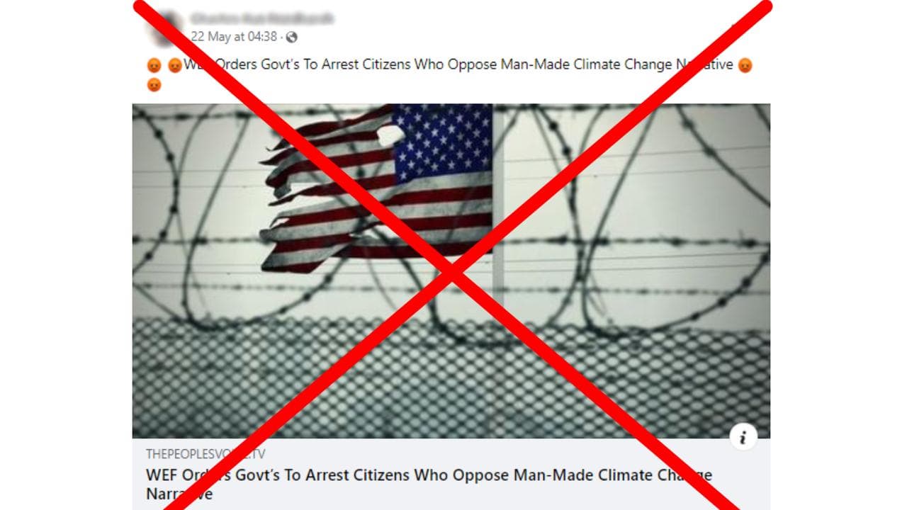 A crossed out Facebook post of People's Voice WEF climate change story