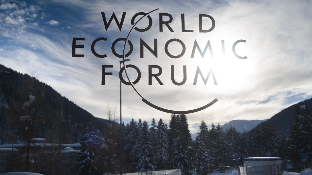 World Economic Forum sign at the congress centre on the eve of Davos