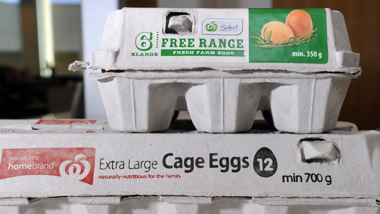 Free range eggs shown with caged eggs