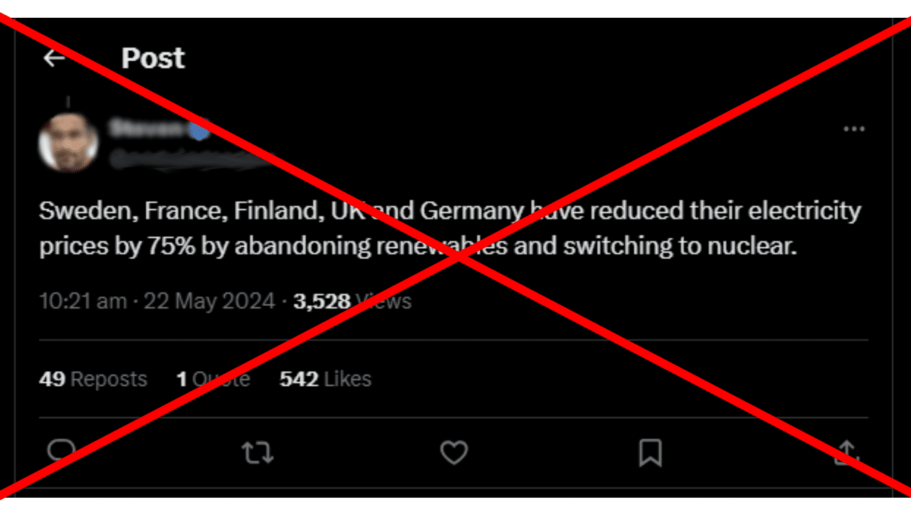 An X post falsely claiming five nations have ditched renewables.