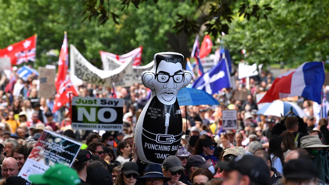 File picture of  a Daniel Andrews effigy at a protest in 2021